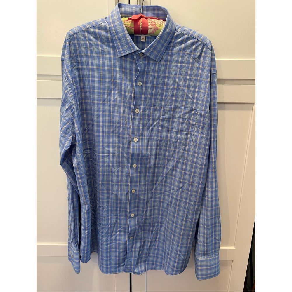 Peter Millar Summer Comfort Long Sleeve Button Down Shirt Blue Plaid Men’s XL